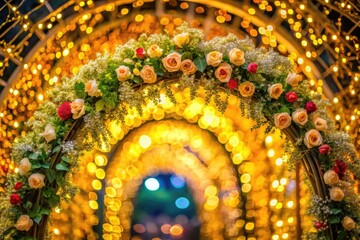 Obraz premium Festive floral wreath glows under golden arches in a long-exposure night photograph.