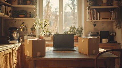 Fototapeta premium Abstract graphic featuring a laptop with colorful digital shopping symbols, representing an online marketplace and retail concepts.