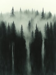 Misty forest landscape with dark evergreen trees.