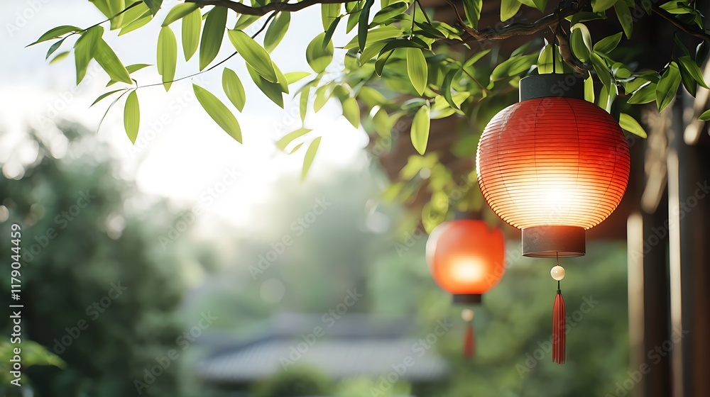 Poster glowing red lanterns hanging under a lush bamboo canopy in a peaceful and serene outdoor setting cre