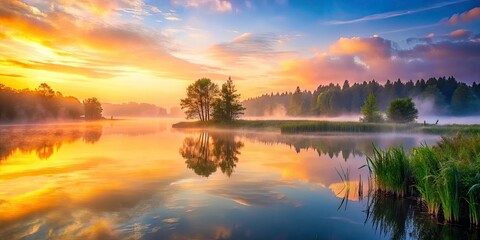 Obraz premium Fog-shrouded lake, tranquil water, idyllic nature photography.
