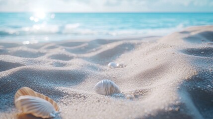 Seashells on sandy beach, ocean background, summer vacation.
