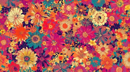 Vibrant floral pattern with diverse blooms in warm colors.