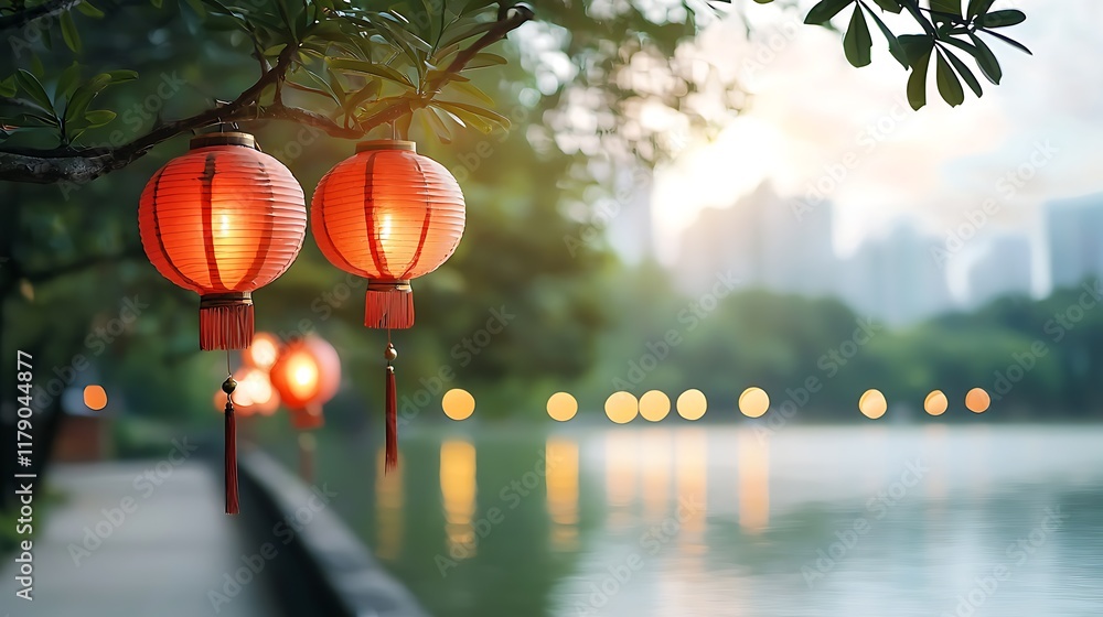 Poster glowing red lanterns lining a serene lakeside promenade with a cityscape skyline in the background c