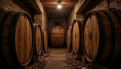 Wine barrels in dimly lit cellar