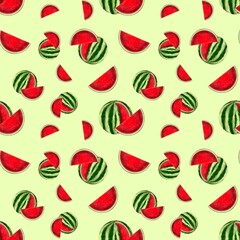 Hand drawn set of designs and patterns. Semi realistic illustrations. Illustrations of watermelon fruit for poster, prints, menu, card or textile