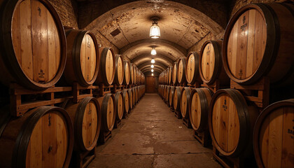 Wooden barrels lined up in wine cellar