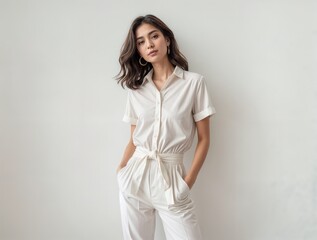Elegant young woman in a stylish white outfit posing against a neutral backdrop indoors