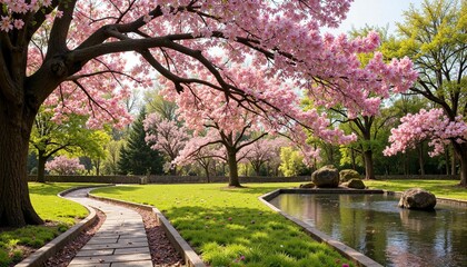 Obraz premium Cherry blossom trees in spring reflecting by the pond