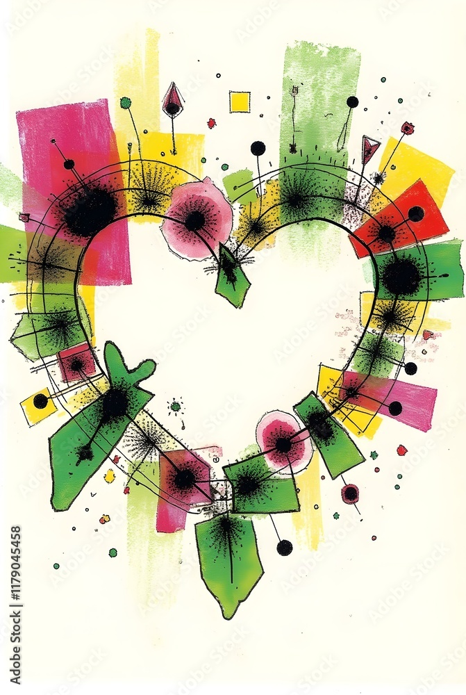 Poster an abstract heart shape formed by a dynamic interplay of lines, shapes, and colors, creating a vibra