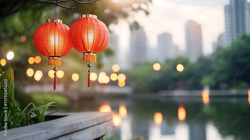 Aufkleber glowing red lanterns reflected in the calm waters of a serene lakeside scene creating a captivating 