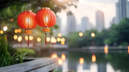 Glowing red lanterns reflected in the calm waters of a serene lakeside scene creating a captivating and atmospheric display of traditional Chinese festival lighting