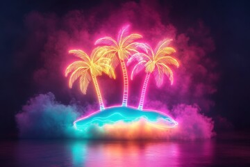 A neon sign shaped like a tropical island with glowing palm trees, surrounded by pink, teal, and orange lights on a dark background