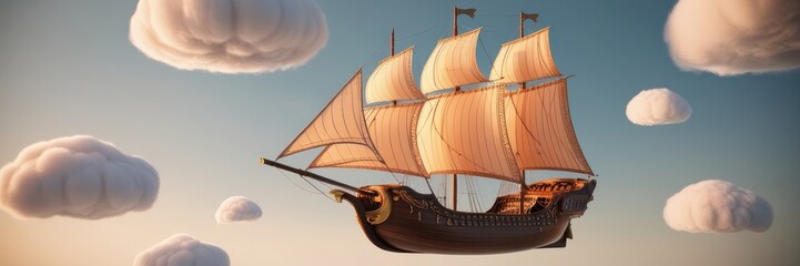 Romantic sailing ship flying in sunset clouds. Copy space for text banner for Valentine's day
