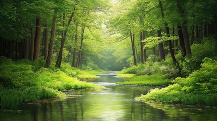 Fototapeta premium Serene stream flowing through lush green forest.