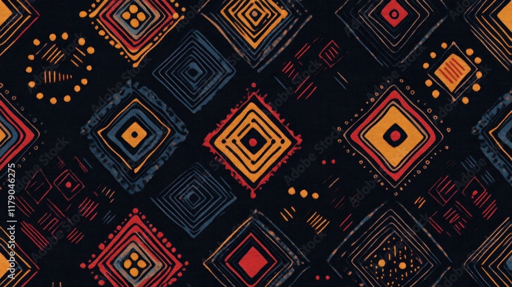 Poster abstract geometric pattern with colorful squares and dots on dark background.