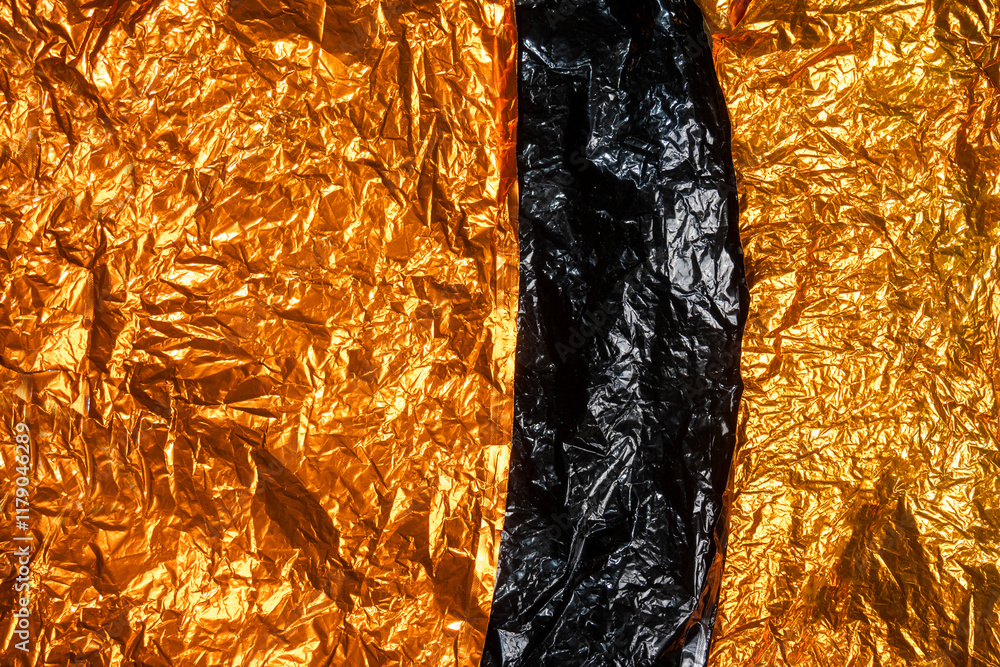 Poster top view of crumpled black and golden paper for abstract pattern texture background