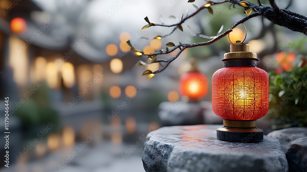 Poster glowing red lanterns suspended from the branches of a tree illuminating the serene atmosphere of a t