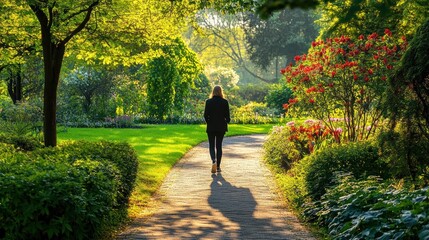 Fototapeta premium Woman walks path in vibrant spring garden, sunlight illuminating her way.