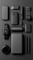 Showcasing modern tech accessories in sleek design against a minimalistic black backdrop