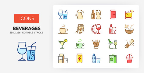Line icons about beverages. Contains such icons as cocktails, brewing time, take away and more. 256x256 Pixel Perfect editable in colors