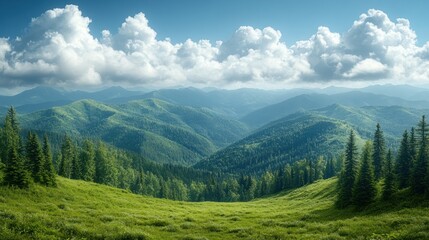 Fototapeta premium Lush green mountains under a bright sky with fluffy clouds, showcasing natural beauty.
