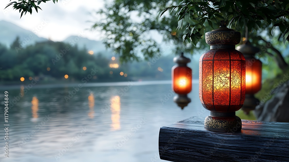 Aufkleber glowing red ornamental lanterns hanging along the edge of a tranquil riverside lake creating a capti