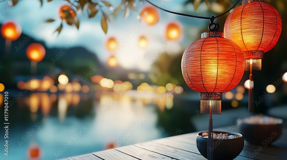 Aufkleber glowing red paper lanterns floating on a serene river casting a warm enchanting glow during a vibran