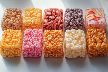 A colorful assortment of rice crispy treats arranged in a grid pattern.