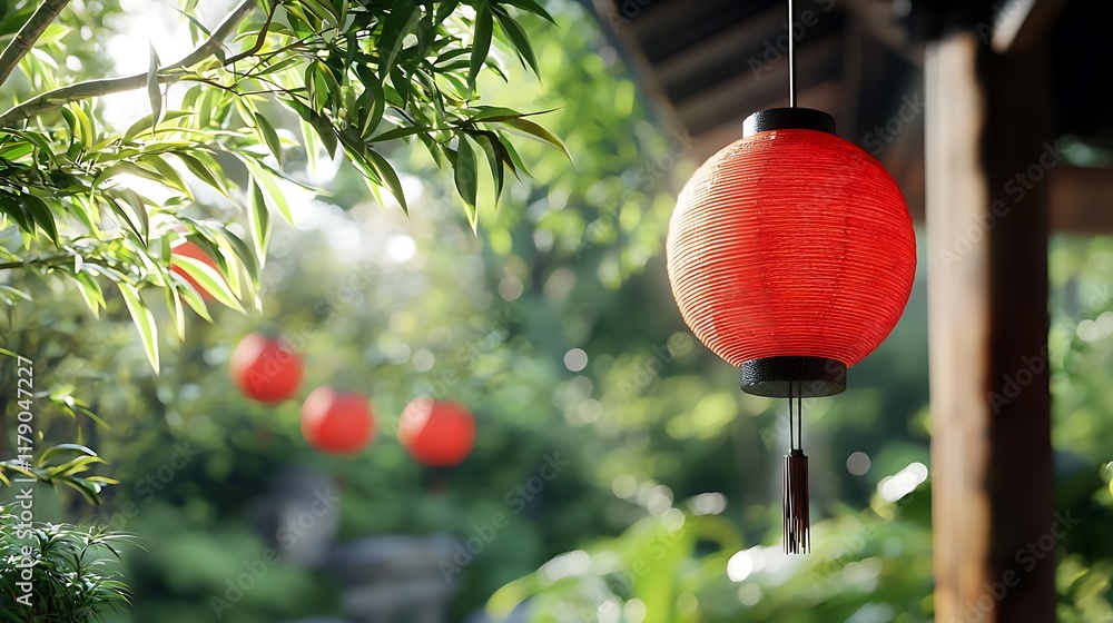 Poster glowing red paper lanterns hanging from the branches of a lush verdant bamboo canopy in a tranquil a