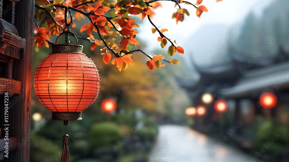 Poster glowing red paper lanterns hanging from the branches of autumn foliage covered trees lining a tranqu
