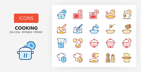 Line icons about cooking. Contains such icons as cooking time, mix, add and more. 256x256 Pixel Perfect editable in colors