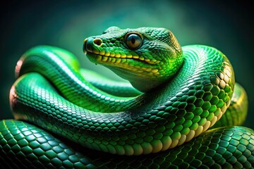 Obraz premium High-fashion editorial showcases emerald green snakes, embodying serpentine luxury with green accessories and exotic reptile skin.