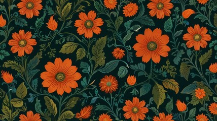 Elegant Floral Pattern Vibrant Orange Flowers and Green Leaves V3