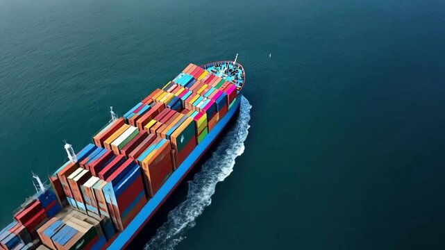 Aerial view of container cargo ship in maritime freight shipping highlighting global import-export operations and international commercial trade routes