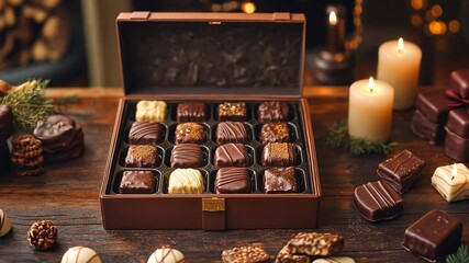 A beautifully arranged box of assorted chocolates sits on a wooden table, surrounded by festive elements. Candles flicker softly, enhancing the romantic atmosphere for Valentine's Day.