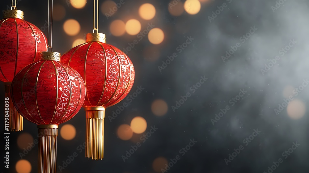 Poster glowing traditional chinese red lanterns with golden accents hanging in a string creating a vibrant 