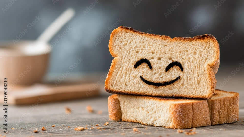 Aufkleber slice of bread with a smiley face drawn on it. the bread is sitting on a table with a spoon and a bo