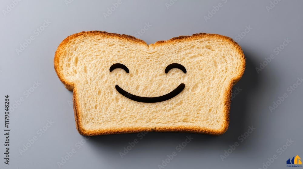 Poster slice of bread with a black line drawn across it, making it look like it's smiling. the bread is pla
