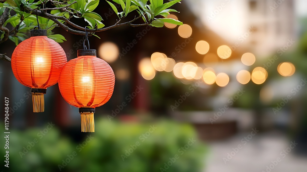 Aufkleber glowing traditional red lanterns hanging in a serene and tranquil garden setting creating a warm and