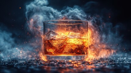 Flaming whiskey glass with ice.