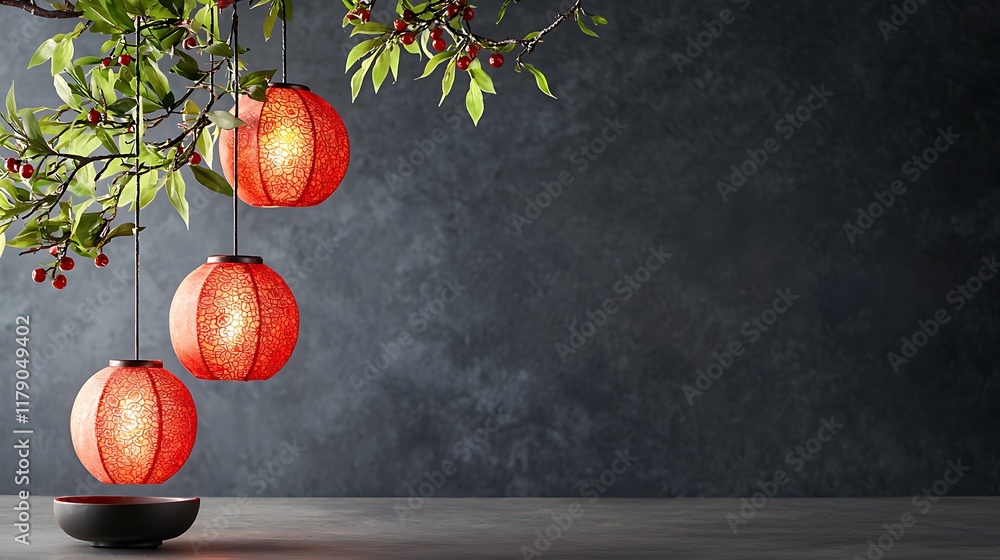 Poster hanging red lanterns glowing with intricate floral patterns creating a captivating and festive atmos
