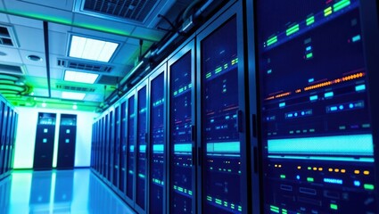 A stock shot of a high-tech data center shows a server room with rows of servers and a digital green and blue color scheme, giving the impression that the space is futuristic and technologically sophi