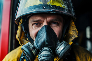 Fototapeta premium Generative AI Representation of a Firefighter Wearing a Protective Gas Mask During a Rescue Operation