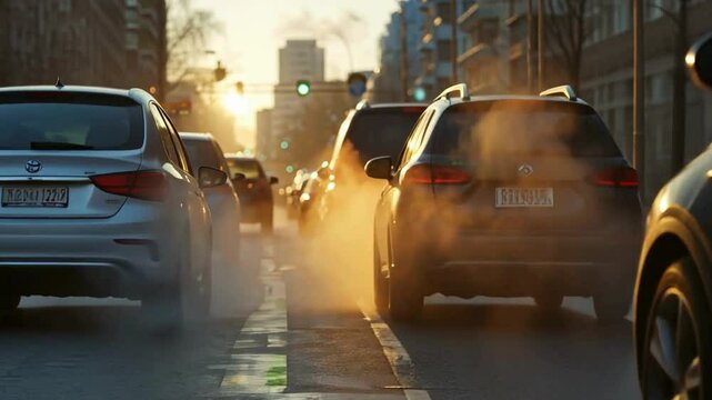 Air pollution from car exhaust smoke in city traffic highlighting carbon dioxide emissions, engine combustion, and global warming reduction strategies