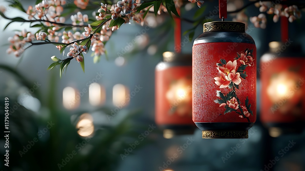 Poster hanging red lanterns with intricate floral patterns glowing in an outdoor garden or event setting cr