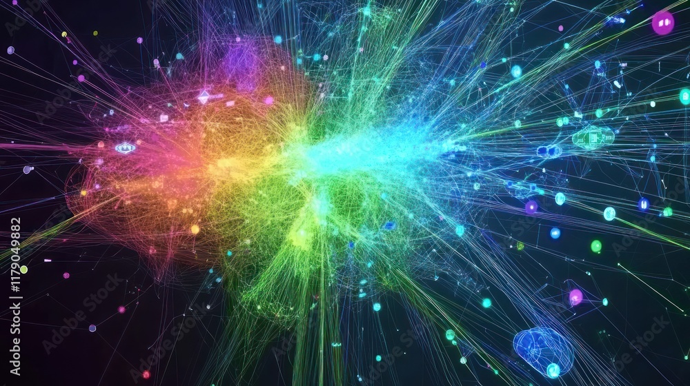 Poster abstract colorful light streaks and particles exploding from central point on dark background.