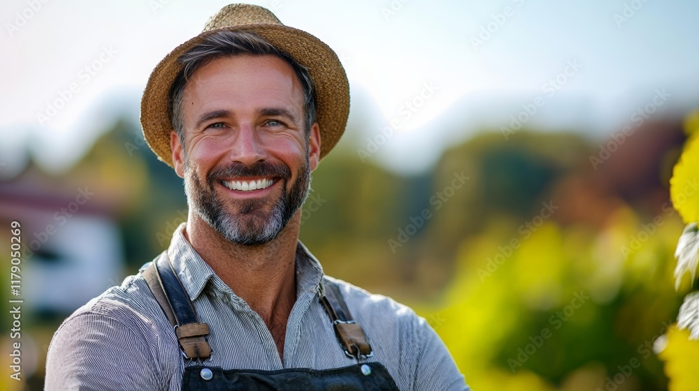 Poster man wearing a straw hat and apron is smiling and posing for a picture. he looks happy and content, a