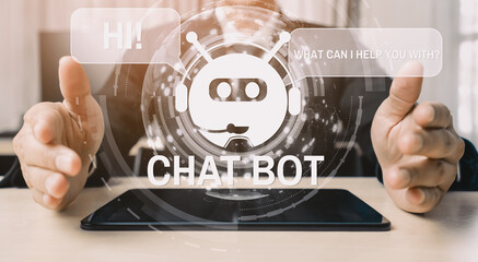 AI Chatbot smart digital customer service application concept. Computer or mobile device application using artificial intelligence chat bot automatic reply online message to help customers instant uds