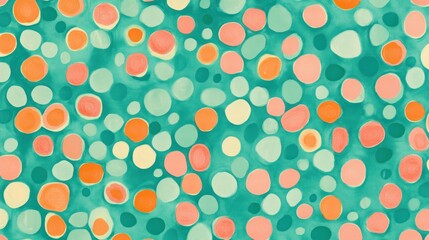 Abstract teal background with scattered orange and cream circles.